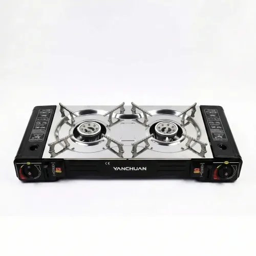 Туристична газова плита YANCHUAN 2 конфорки з адаптером. Переносна плитка під цанговий та великий балон, Нержавійка