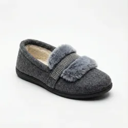 Женские домашние тапочки мокасины серые войлочные на меху со стразами (36-41)