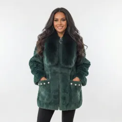 Жіноча кофта-альпака на змійці з хутряним коміром Смарагдова (50-54) теплий кардиган