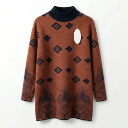 Жіночий подовжений светр-туніка ангора з орнаментом, теракот (52-56). Тепла зимова кофта під горло