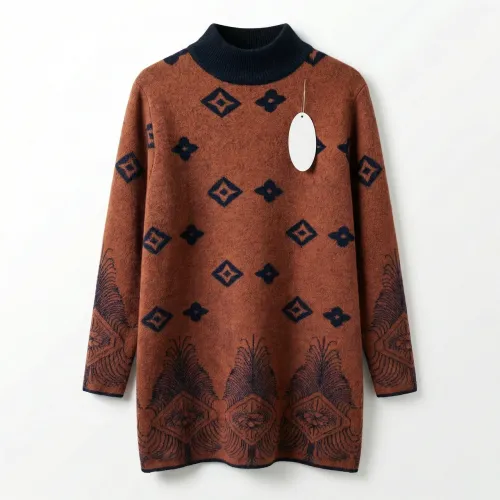 Жіночий подовжений светр-туніка ангора з орнаментом, теракот (52-56). Тепла зимова кофта під горло