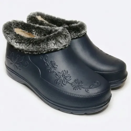 Жіночі калоші утеплені темно-сині з квітами та хутром (р. 37-41)