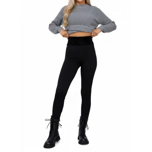 Теплі чорні легінси з трикотажу на хутрі з широким паском S/L