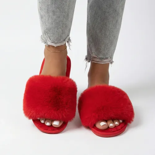 Жіночі кімнатні пухнасті капці відкриті хутряні червоні