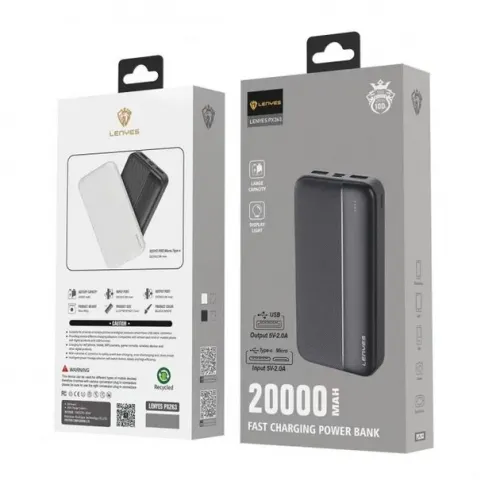 Зовнішній акумулятор повербанк power bank Lenyes PX263 20000mAh компактний універсальний на 2 входи Чорний