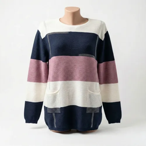 Жіночий светр Kiss Me у смужку зі стразами (синьо-рожевий) р. 44-52