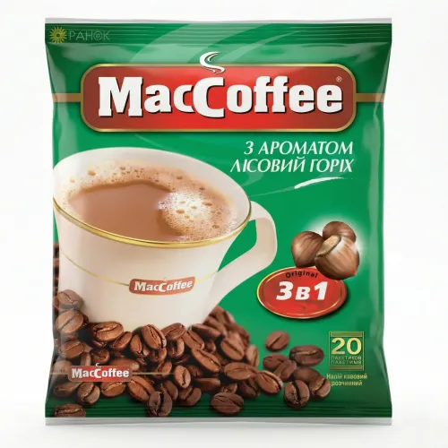 Кавовий напій MacCoffee 3в1 Лісовий Горіх 20 стіків (упаковка) | З ароматом горіха, Зелений МакКофі