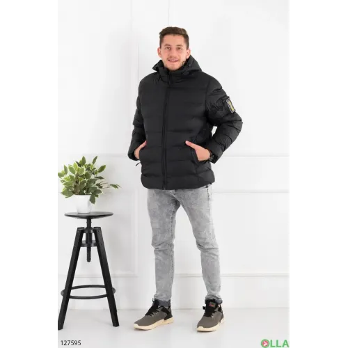 Чоловіча зимова куртка чорна з капюшоном, тепла парка на штучній вовні, коротка