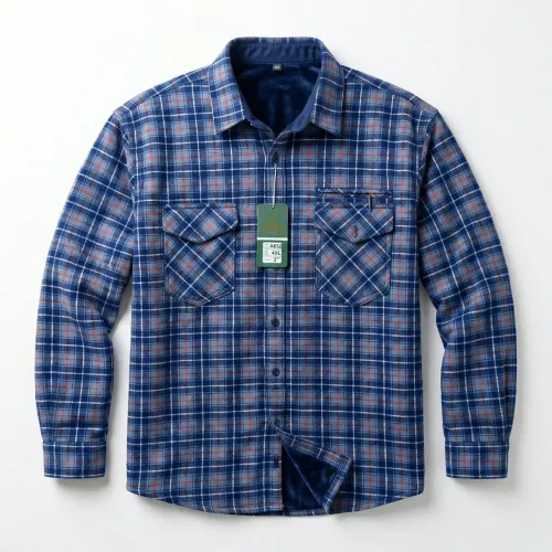 Чоловіча тепла сорочка в клітинку на хутрі Gold Golf Man (р. 46-56) | Зимова байкова сорочка синя