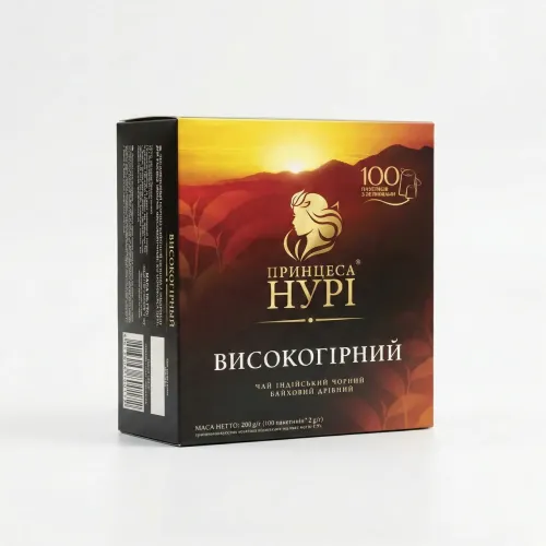 Чай чорний Принцеса Нурі Високогірний 100 пакетиків | Індійський, Міцний, З ярличками, Сімейна упаковка