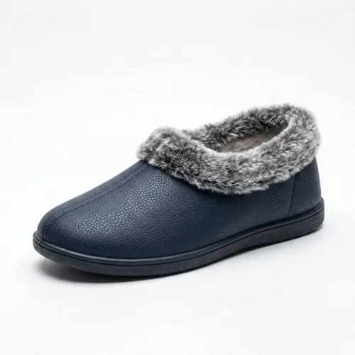 Хатні капці закриті екокожа сині на хутрі Теплі домашні мокасини унісекс 36-42