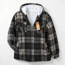 Чоловіча зимова сорочка-куртка з капюшоном на хутрі. Тепла байкова кофта в карту (Батал)