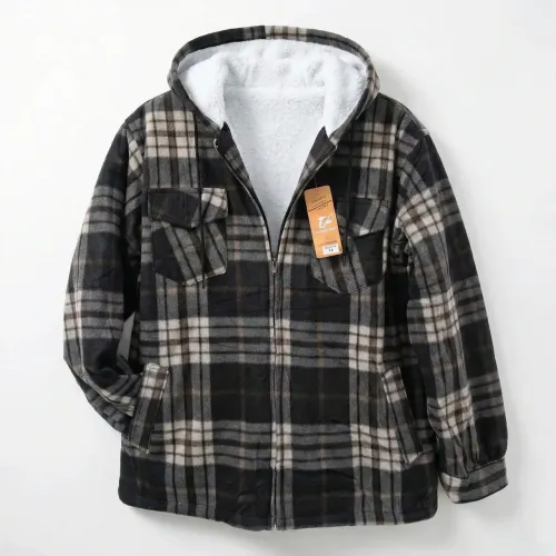 Чоловіча зимова сорочка-куртка з капюшоном на хутрі. Тепла байкова кофта в карту (Батал)