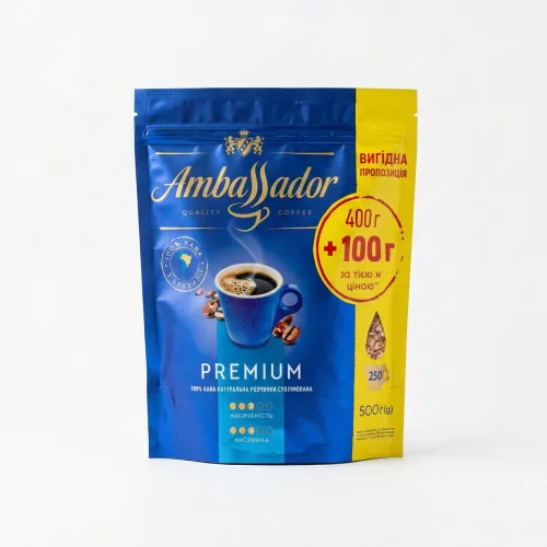 Кава розчинна Ambassador Premium 500 г (Акція 400+100) | Бразильська арабіка, Сублімована, Економ-пакет