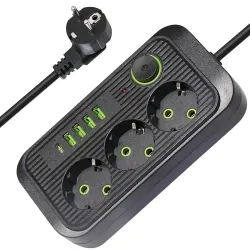 Сетевой фильтр 3м (3×220В+4×USB+1×Type-C), 5000Вт, QL-1074U, Черный / Электрический удлинитель для розетки