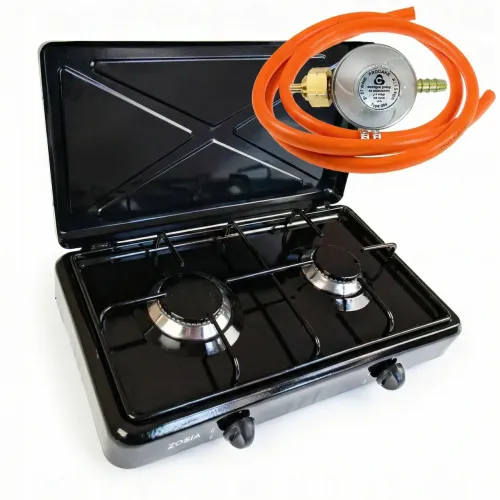 Газова плита настільна Zosia 2 конфорки (Чорна) + Комплект підключення (Шланг, Редуктор), таганок з кришкою