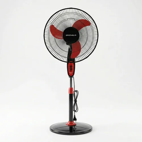 Вентилятор підлоговий Grünhelm (Чорний з червоним), потужний 3-швидкісний, регульований, на круглій підставці