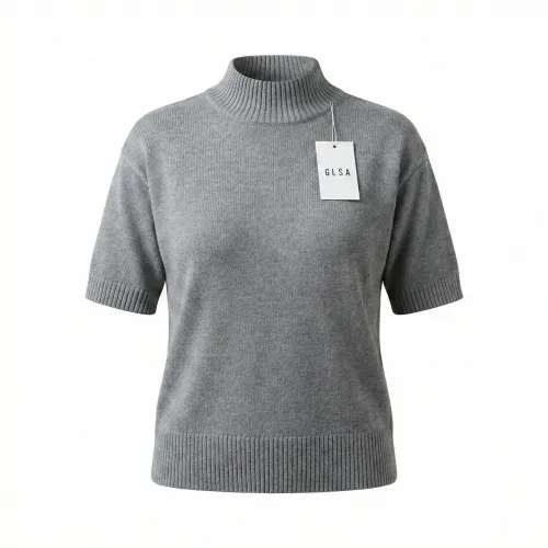 Жіноча кофта-американка сіра GLSA (48-50). В'язаний светр з коротким рукавом та коміром-стійкою