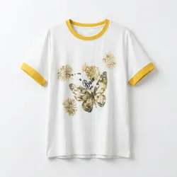 Жіноча біла футболка з метеликом та стразами, літня кофта з жовтим кантом, бавовняна футболка Rui Rui