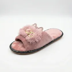 Тапочки кімнатні жіночі хутряні рожеві з ланцюжком Модні пухнасті капці відкриті стрази 36-41