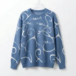 Жіночий в'язаний светр з котами, колір синій джинс, теплий джемпер оверсайз з абстрактним принтом