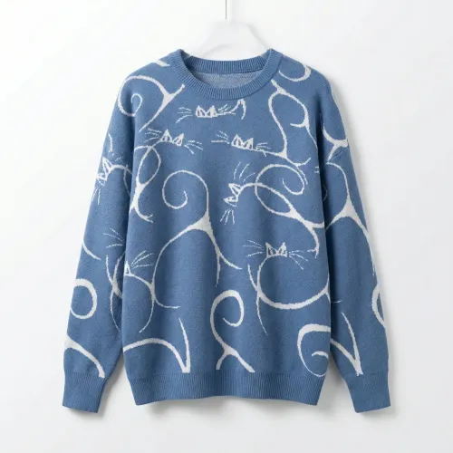 Жіночий в'язаний светр з котами, колір синій джинс, теплий джемпер оверсайз з абстрактним принтом