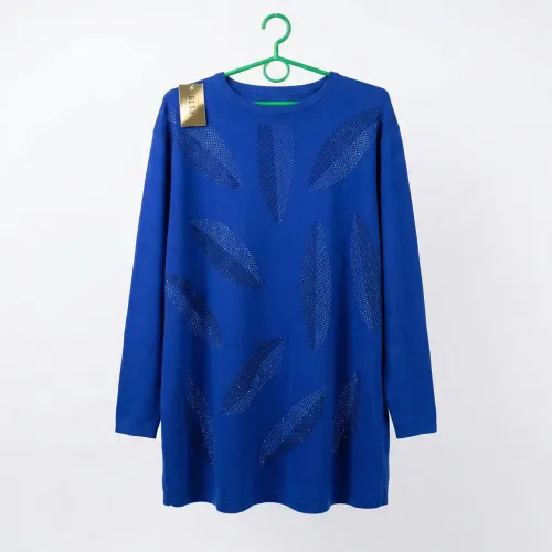 Туніка жіноча синя з камінням. Нарядний подовжений светр з візерунком 