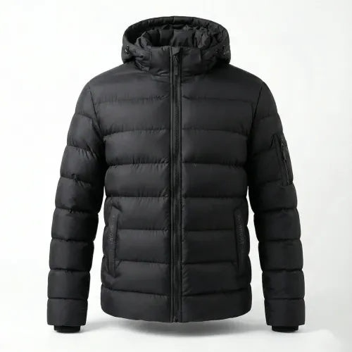 Пуховик чоловічий зимовий чорний, тепла стьобана куртка з капюшоном (дута)