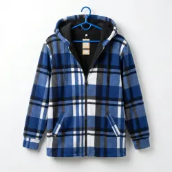 Сорочка жіноча тепла на хутрі в клітинку синя. Кофта з капюшоном на блискавці 46-54
