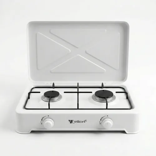 Газова плита настільна 2 конфорки Yücel з кришкою. Білий емальований таганок під балон (Туреччина)