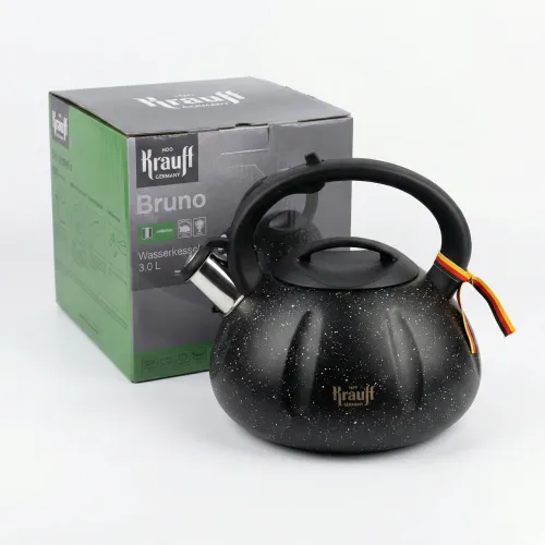 Чайник зі свистком 3.0 л Krauff Bruno чорний мармуровий. Нержавіюча сталь, індукція