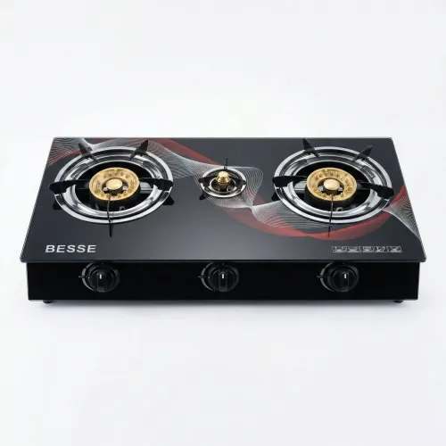 Газова плита настільна BESSE (Скло) 3 конфорки. Побутовий таганок під балон з п'єзопідпалом, Чорний