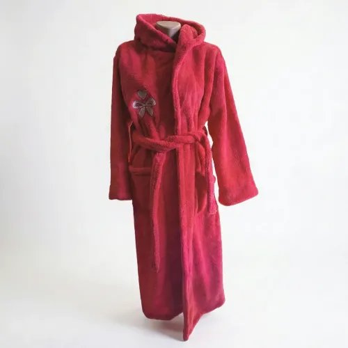 Халат жіночий теплий махровий з капюшоном Червоний. Домашній халат на запах з вишивкою (Велсофт)