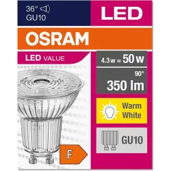 Світлодіодна лампа OSRAM цоколь GU10, 4,3 Вт, теплий білий (2700K).
