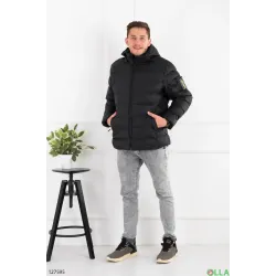 Мужская зимняя куртка черная с капюшоном, теплая парка на искусственной шерсти, короткая 52