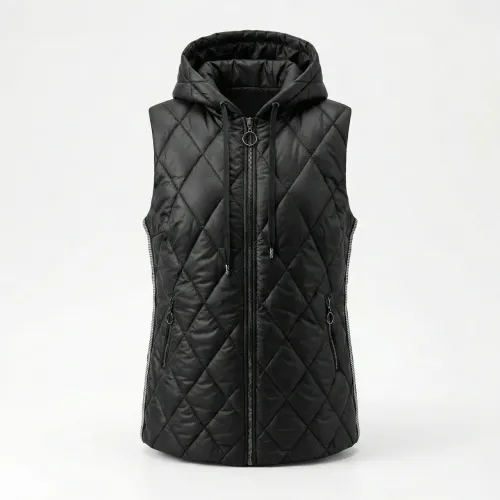 Жіноча тепла жилетка з капюшоном Чорна (ромб). Стьобана безрукавка зі стразами 46-54 52