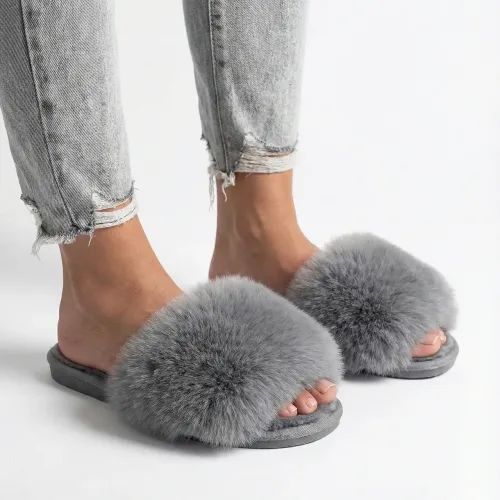 Жіночі капці з пушком Сірі (36-41) Пухнасті шльопанці хутряні для дому та вулиці 40
