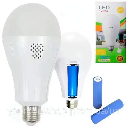 Аварійна LED-лампа 20 Вт із двома акумуляторами 18650 на патрон Е27 для автономної роботи без електрики та світла