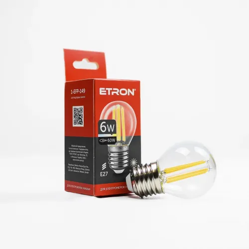 Світлодіодна філаментна лампа ETRON 6W G45 E27 3000K тепле світло, прозора, енергозберігаюча