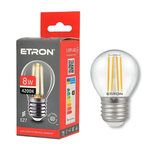 Світлодіодна філаментна лампа ETRON Filament G45 8W E27 4200K прозора, енергозберігаюча