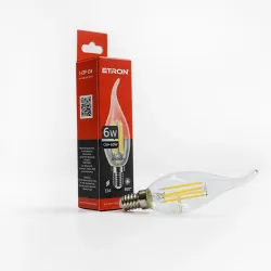 Світлодіодна філаментна лампа ETRON 1-EFP-134 C37 Tailed E14 6W 4200K нейтральне світло, прозора, енергозберігаюча