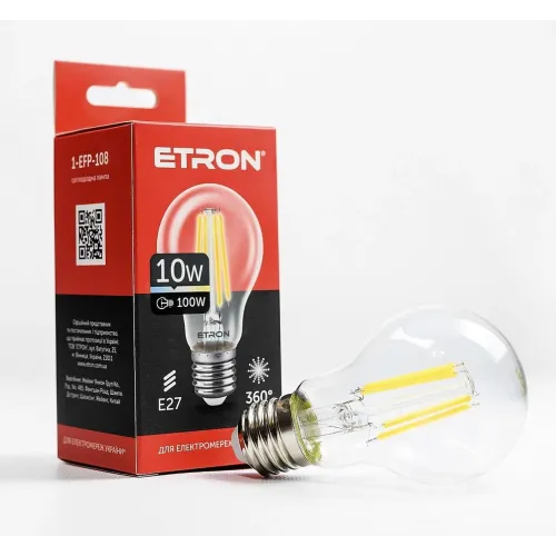 Світлодіодна філаментна лампа ETRON 10W A60 E27 4200K нейтральне світло, прозора, енергозберігаюча