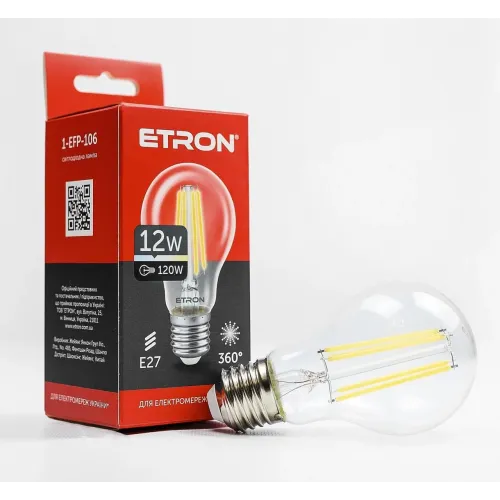 Світлодіодна філаментна лампа ETRON 12W A60 E27 4200K нейтральне світло, прозора, енергозберігаюча