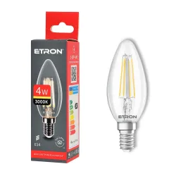 Світлодіодна філаментна лампа ETRON 1-EFP-147 4W 3000K E14 C37, тепле світло, прозора, енергозберігаюча