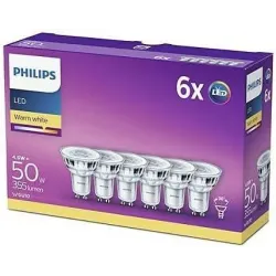 Philips LED GU10 лампи 50W екв., теплий білий 2700K, прозорі, енергоефективні, набір 6 шт., нерегульована яскравість