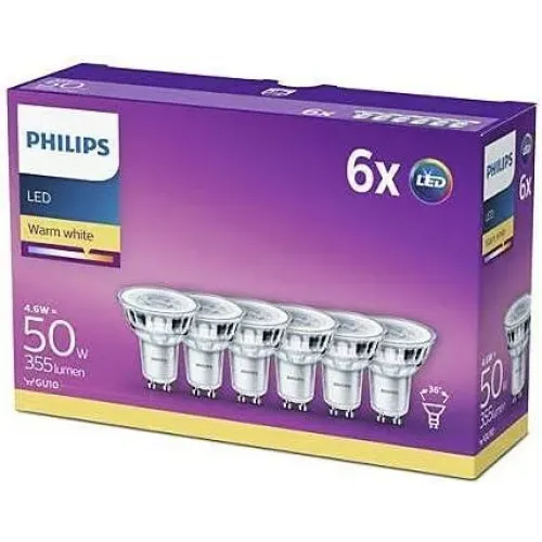 Philips LED GU10 лампи 50W екв., теплий білий 2700K, прозорі, енергоефективні, набір 6 шт., нерегульована яскравість