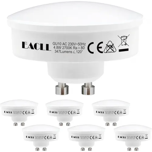 Набір з 6 ультратонких LED ламп EACLL GU10 потужністю 4.8 Вт, теплим білим світлом 2700K, світловим потоком 347 лм та кутом освіт