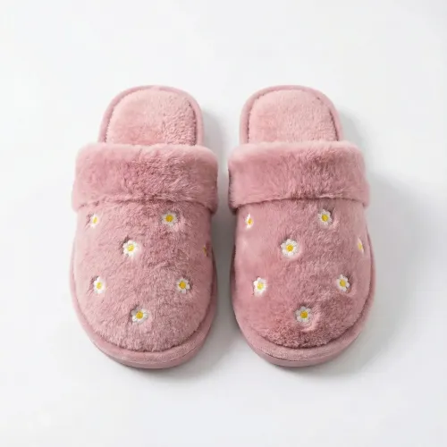 Жіночі плюшеві кімнатні капці Рожеві з ромашками (40-41). М'які домашні капці хутряні 41