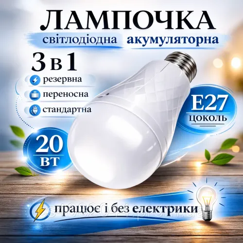 Світлодіодна аварійна LED лампочка 20Вт з 2 акумуляторами у комплекті, 3 4 год роботи, холодне світло