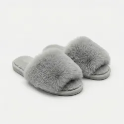 Жіночі пухнасті капці сірі з хутром. М'які домашні шльопанці відкриті (36-41) 38